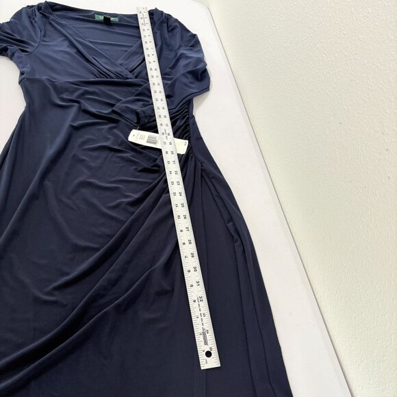 Lauren Ralph Lauren Faux Wrap Ruched Dress Size 10 Navy 3/4 Sleeve Bodycon NWT - Picture 11 of 12